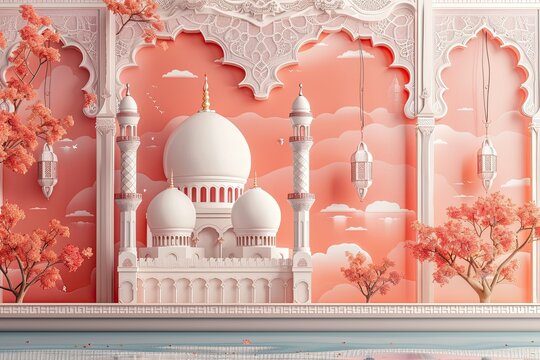 salmon turkish ornament wallpaper desktop with white realistic mosque and small islamic lantern floating on top