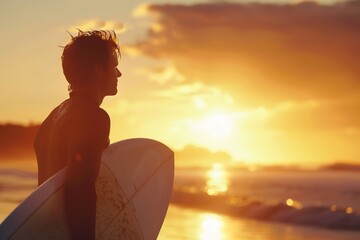 Surfer silhouetted against a golden sunset, readying for the waves. - obrazy, fototapety, plakaty