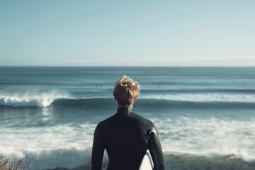 Fototapeta premium Surfer in wetsuit observing the sea before joining others.