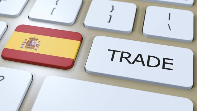 Spain Country Flag and Trade Text on Button 3D Animation