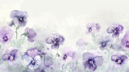 A dynamic watercolor illustration of a mix of Viola flowers, including the charming Viola hederacea, with soft lavenders and whites against a white canvas