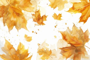 A dynamic watercolor illustration of gold sycamore leaves, their distinctive shapes and textures alive with movement against white - obrazy, fototapety, plakaty