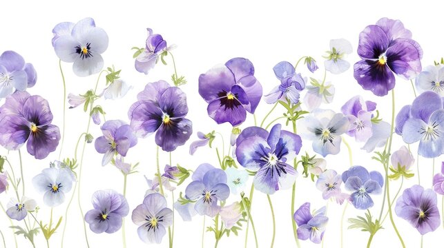 A dynamic watercolor illustration of a mix of Viola flowers, including the charming Viola hederacea, with soft lavenders and whites against a white canvas