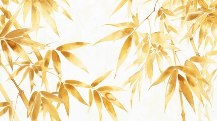 A serene watercolor portrayal of gold bamboo leaves, their long, narrow forms creating a peaceful rhythm, gracefully set against white - obrazy, fototapety, plakaty