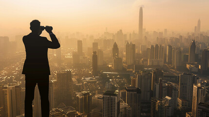 Fototapeta na wymiar Silhouette of Businessman with Binoculars Observing City Skyline