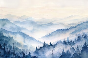 Fototapeta na wymiar A serene watercolor scene of a misty morning in the mountains, with early light breaking through, gently laid on a white background