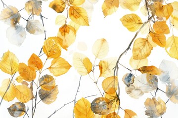 A sophisticated watercolor composition of assorted gold leaves, including birch and aspen, their unique shapes and textures vivid on white