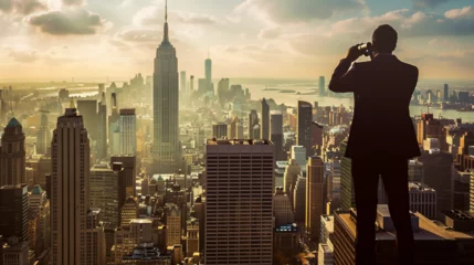 Foto op Plexiglas Silhouette of Businessman with Binoculars Observing City Skyline © Nijam
