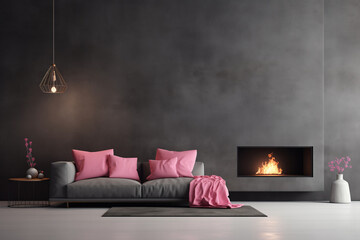 Modern living room interior with gray sofa, pink pillows, and fireplace.