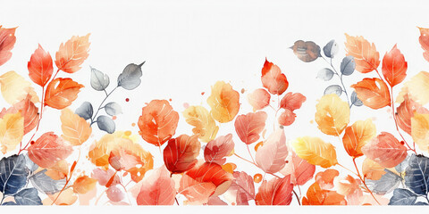 Vibrant Watercolor Painting of Orange, Blue, and Red Leaves on White Background Nature Inspired Artwork with Fall Colors
