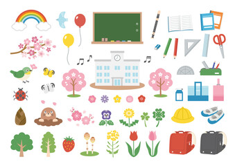 春の花と入学式のイラストセット - obrazy, fototapety, plakaty