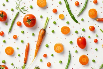 A vibrant mix of carrots, peas, and tomatoes in watercolor, scattered loosely, pure white backdrop