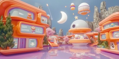 A 3D rendering of a fantastical, outer space-themed amusement park, with cute, stylized aliens enjoying rides on shooting star roller coasters and moon-shaped Ferris wheels