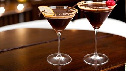Two chocolate martinis garnished with raspberries and chocolate on a bar counter.