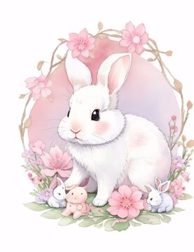 simple watercolor floral illustration of cute little rabbit. Easter egg theme.