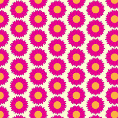 Simple background with repeating pattern. Purple flowers with orange center. Flowers arranged in a flat pattern. Summer, pattern, shape, seamless background.