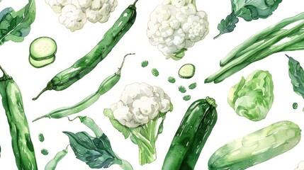 A watercolor ensemble of green beans, cauliflower, and zucchini, beautifully laid out on white - obrazy, fototapety, plakaty