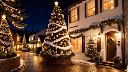Cozy winter scene with decorated Christmas trees and festive lights adorning a charming house at...