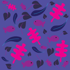 Abstract vector pattern. Pattern with different objects. Various leaves, fish, pattern, fabric, wrapping.