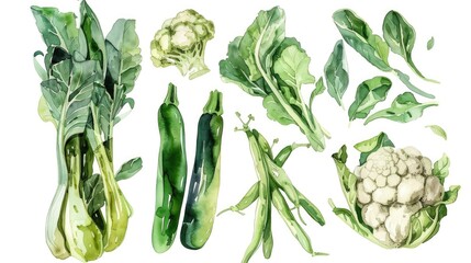 A watercolor ensemble of green beans, cauliflower, and zucchini, beautifully laid out on white - obrazy, fototapety, plakaty