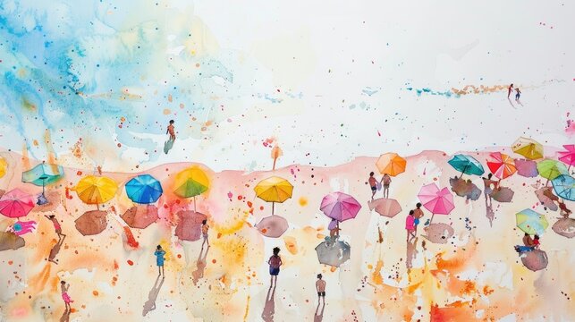 A vibrant watercolor painting of a summer beach scene, with children playing and umbrellas dotting the sand, against a white background