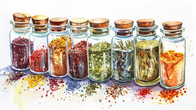 A watercolor depiction of a collection of colorful spice jars, flavors of the world captured, on a white background