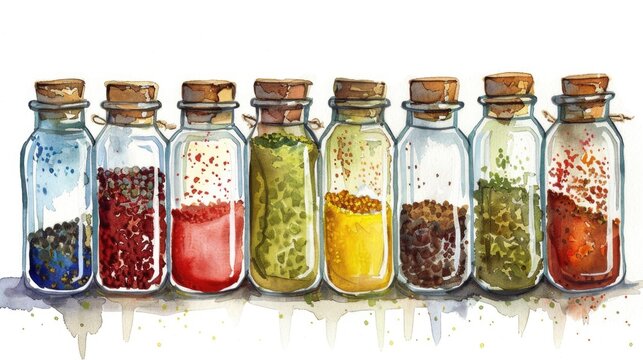 A watercolor depiction of a collection of colorful spice jars, flavors of the world captured, on a white background