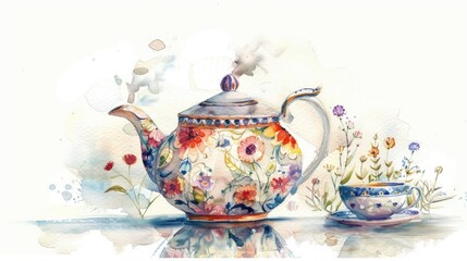 A watercolor painting of a classic teapot with delicate floral patterns, steam rising, serene on a white background