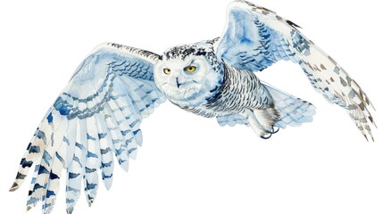 A watercolor painting of a snowy owl in flight, its wings spread wide, grace in motion, on a white background