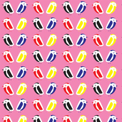 Repeating bird pattern. Different colored bird. Repeating small bird in different colors. Seamless background, animal, abstract