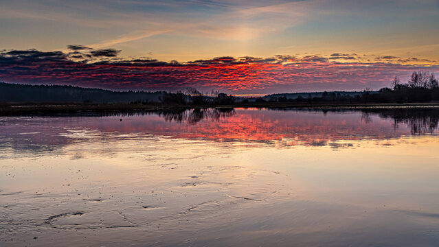 Sunrise over the Supras River at the boulevards in Suprasl.