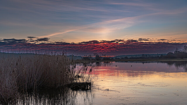 Sunrise over the Supras River at the boulevards in Suprasl.