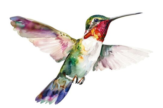 A watercolor painting of a hummingbird in flight, its colors blending seamlessly, on a white background