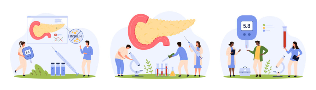 Pancreas checkup, diabetes set. Tiny people check endocrine gland health, study medical tests of patient with microscope, measure blood sugar level with glucometer cartoon vector illustration