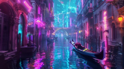 Neon Venice. A Cyberpunk Canal Experience. Venice reimagined in a cyberpunk aesthetic, with vibrant neon reflections on its iconic canals, infusing the historic city with futuristic energy.