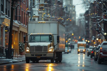 Delivery truck on a wet urban street - obrazy, fototapety, plakaty