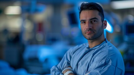 Fototapeta premium Portrait of the Professional Surgeon Looking Into Camera and Smiling after Successful Operation. In the Background Modern Hospital Operating Room. 