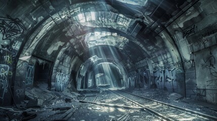 Abandoned Subway Tunnel with Sunlight Rays and Graffiti. Post apocalyptic scene, a dilapidated subway tunnel, casting long shadows over graffiti laden ruins and forgotten railway tracks.