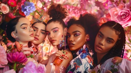 In a floral utopia, a circle of Gen Z women confidently pose with iconic fragrances, their makeup complementing the lush, vibrant backdrop.