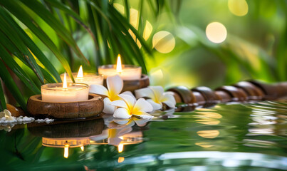 Candles, wet tropical flowers and leaves. Spa relaxing background. Healthy and harmonious lifestyle.