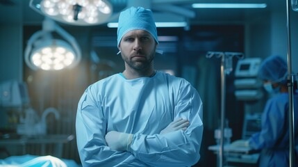  Portrait of the Professional Surgeon Looking Into Camera and Smiling after Successful Operation. In the Background Modern Hospital Operating Room. 