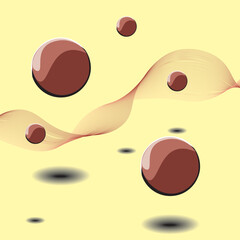 Abstract background with spheres and lines. 3D effect, light yellow background with green objects. 3D, abstraction, modern art, fine art, boho