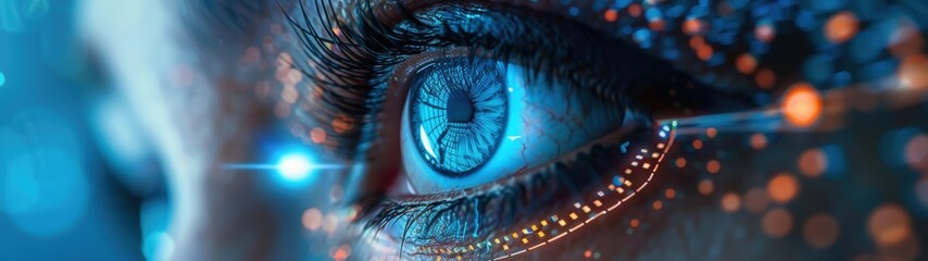 AI technology concept. Close-up of a beautiful woman's eyes on an abstract background depicting electronic circuits. Banner.