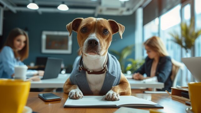 The Boardroom Pup, Business as Unusual. With a tie snugly fastened and paws positioned for productivity, this focused dog in business attire meaning to working like a dog in the corporate world.