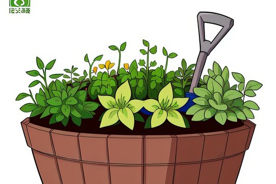 green plants in brown pot with shovel clip art preview