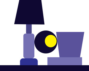 table lamp leaning against a flower pot placed on a book. Simple illustration. Shelf with a book, lamp and flower pot. Blue objects on a white background.