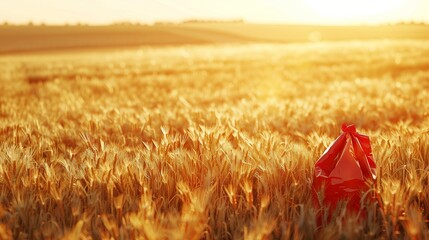 A red fertilizer bag is placed on a golden wheat field. The sun is shining, beginning of autumn, Field, good harvest, small ears of wheat in the distance. Generated by artificial intelligence.