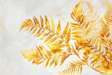 Artistic watercolor rendering of gold fern fronds, their complex patterns and textures highlighted beautifully on a white canvas