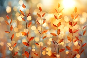 Plantas silvestres con hojas amarillentas, los rayos del sol filtrandose  a traves de estas, al fondo luces con efecto bokeh. Atractivo fondo, paisaje melancólico de otoño  - obrazy, fototapety, plakaty