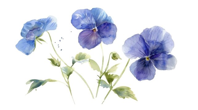 Artistic watercolor rendering of Viola canina, known for its beautiful blue flowers and simple elegance, set against a pristine white canvas